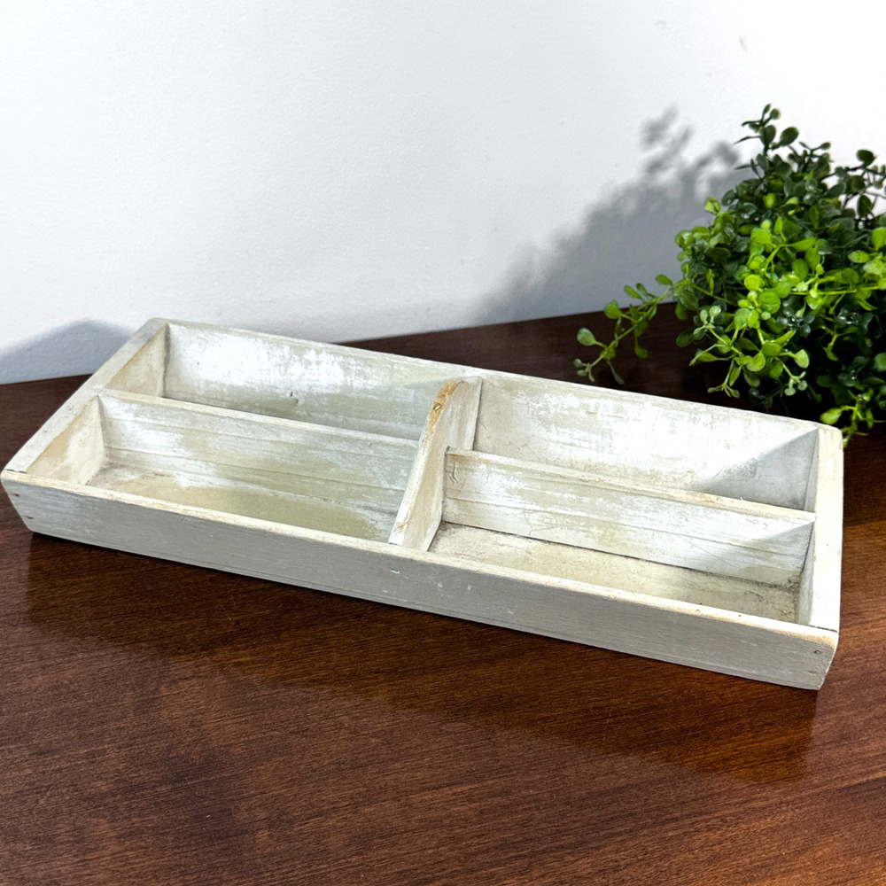 Vintage Wooden Utensil Tray with 4 Compartments Trinkets White Washed 4.75x11.25